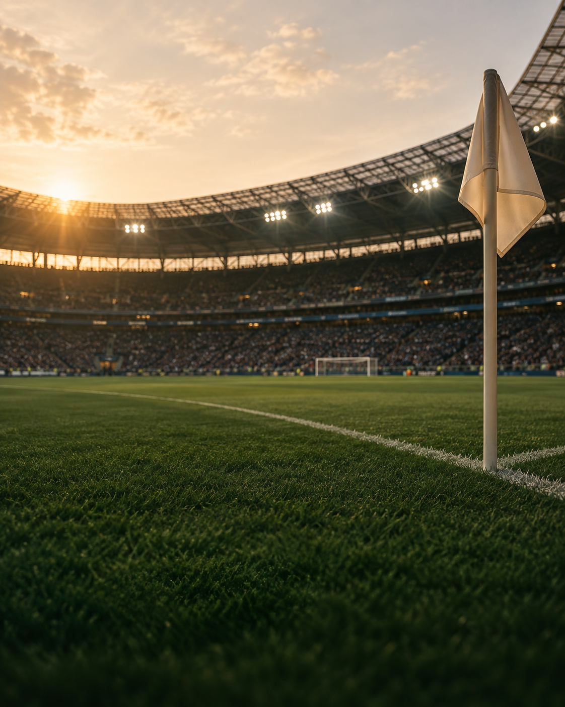 A football pitch and corner flag in warm evening light
